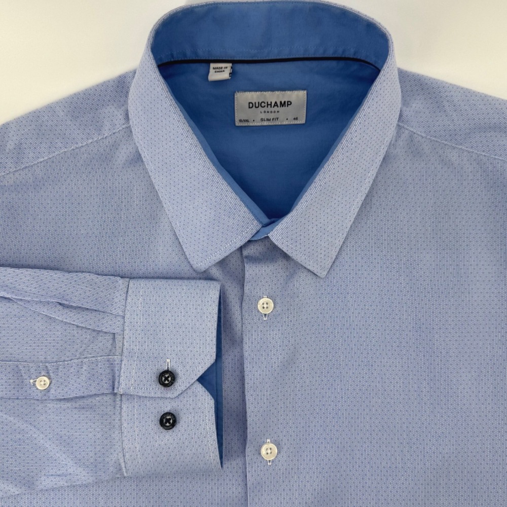 DUCHAMP LONDON Slim Fit Mens XXL Dress Shirt Long Sleeve Light Blue Dot Textured